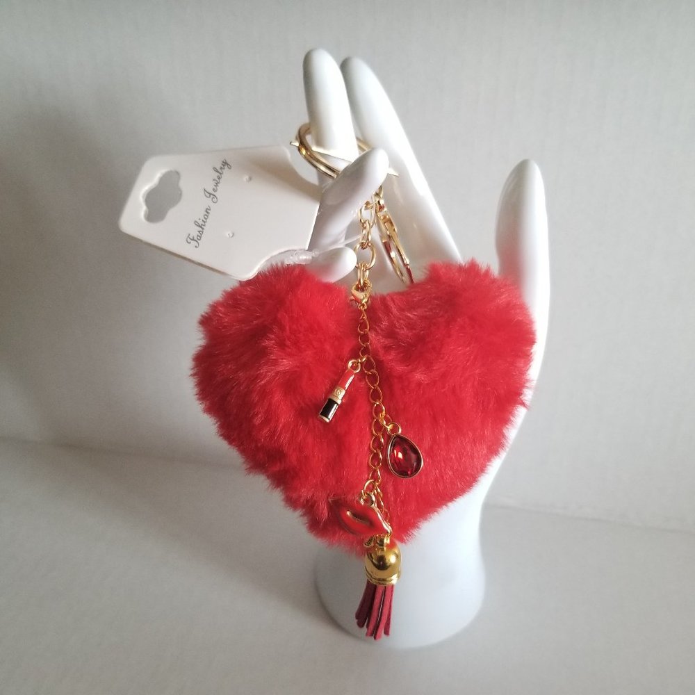 Heart Pom Pom Keychain with Charms